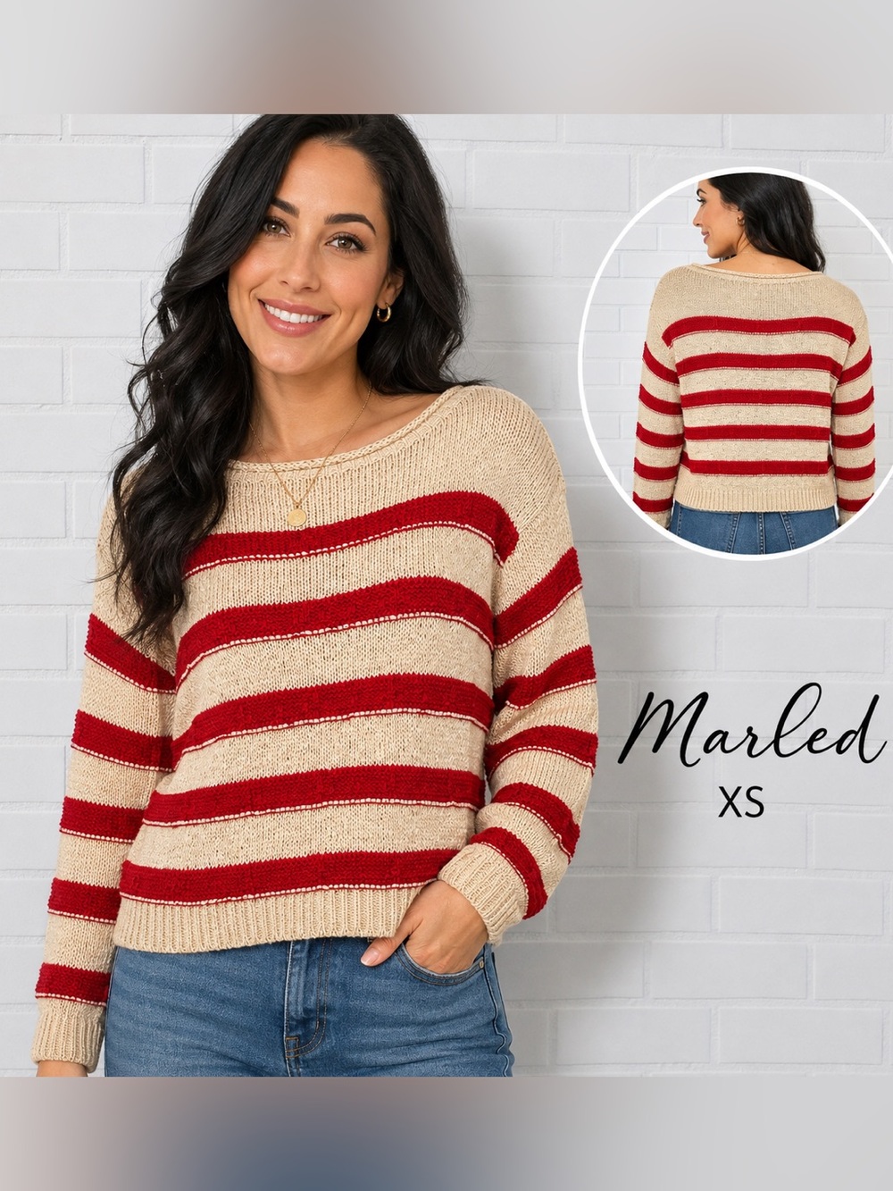 Marled XS Red Beige Striped Open Knit Sweater Cotton Blend NWT relaxed nautical